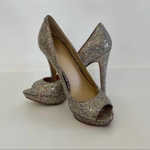 INC International Concepts, Silver Glitter Peep Toe “Plum” Stiletto Heels Size 7
